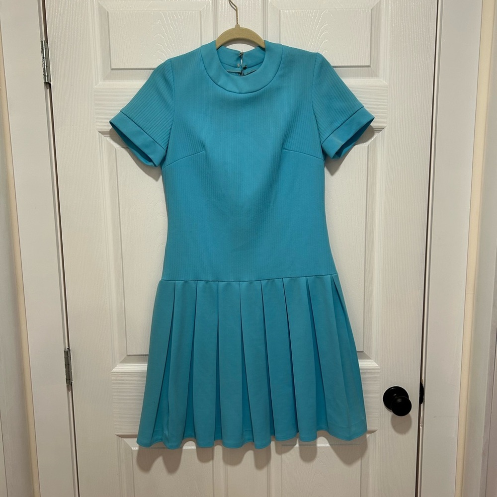 Vintage Aqua Pleated Short Sleeve Dress